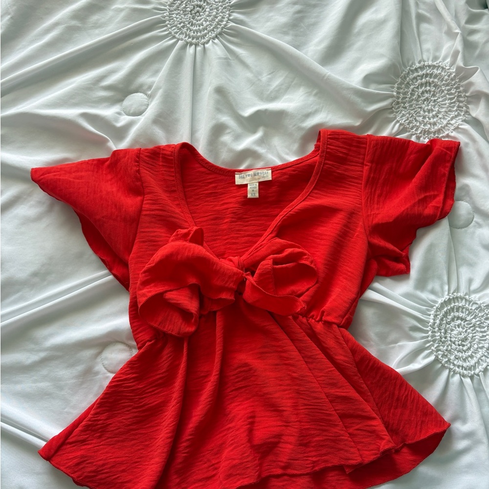 See You Monday Red Flutter Sleeve Peplum Blouse